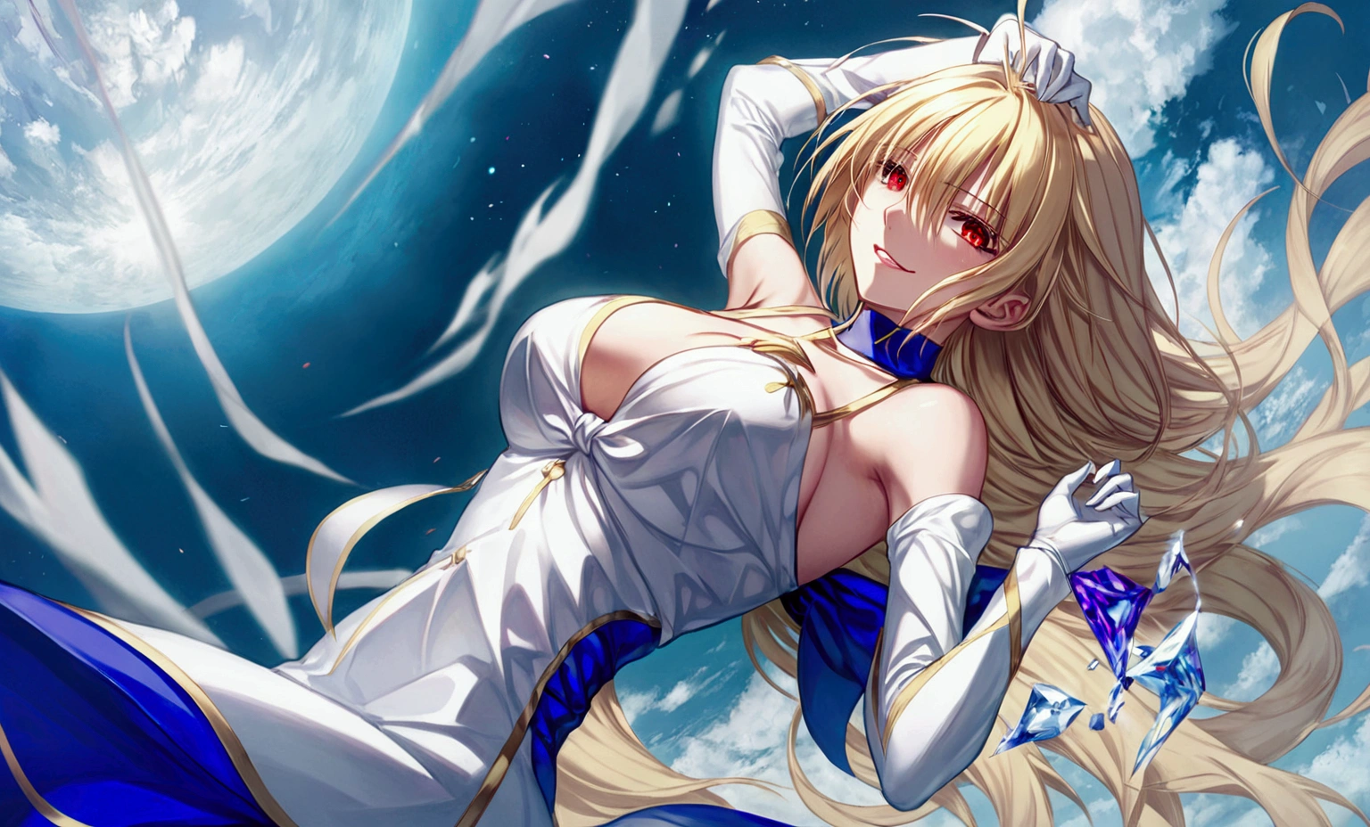 1girl, arcueid brunestud, red eyes, blonde hair, solo, breasts, evil smile, arcueid