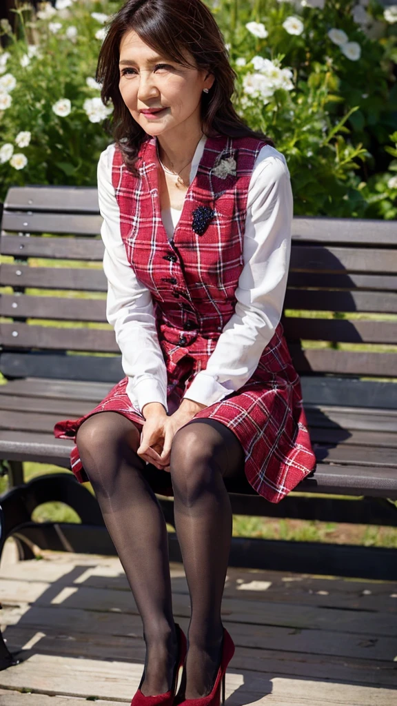 ((Highest quality)), ((8k)), ((masterpiece: 1.3)), (Perfect appearance), (Photorealism: 1.6), (TI), (JMA), (Genuine:1.4), 1girl、Perfect Anatomy、60 years old、Medium Long Hair、Plaid vest、((Sitting on a bench:1.3))、(Ultra-realistic pantyhose:1.2), (High heels)、(Business services)、