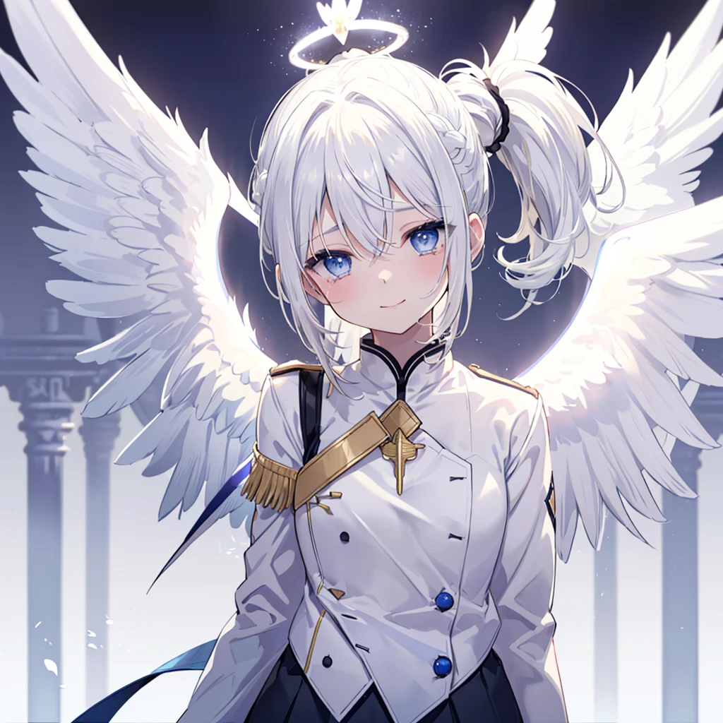 ((((Archangel、Angel Halo Monotone background)))) (((uniform White Hair、ponytail White skin、blue eyes、Pop stareteors))) ((Pillar of Light)) (Tears smile) Shining Edge、Shining Background