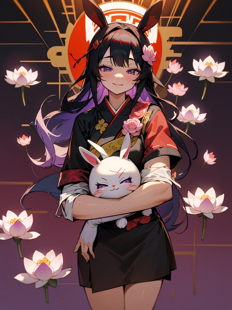 Buddha, 白いrabbit ears, Black long hair, Red Japanese pattern dress, Bandages and plasters, Angel Halo, lotus flower field, purple eyes, smile, Japanese flag
, lotus bouquet, paradise, Rose hair ornament.Gold Screen Chibi Maruko-chan
