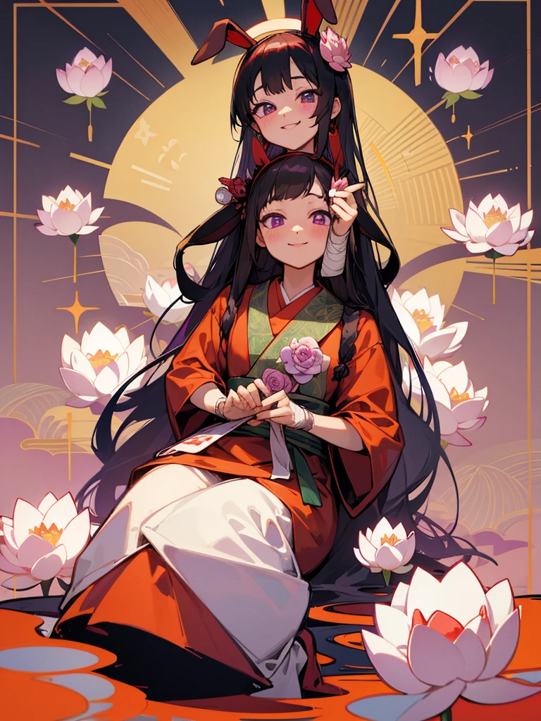 Buddha, 白いrabbit ears, Black long hair, Red Japanese pattern dress, Bandages and plasters, Angel Halo, lotus flower field, purple eyes, smile, Japanese flag
, lotus bouquet, paradise, Rose hair ornament.Gold Screen Chibi Maruko-chan