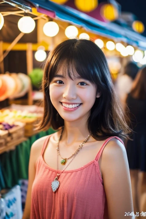 ((Highest quality)), ((masterpiece)), (detailed), Three Girls,、chatting、Childish smile、Simple Necklace 、stall、night market、Don't look at me