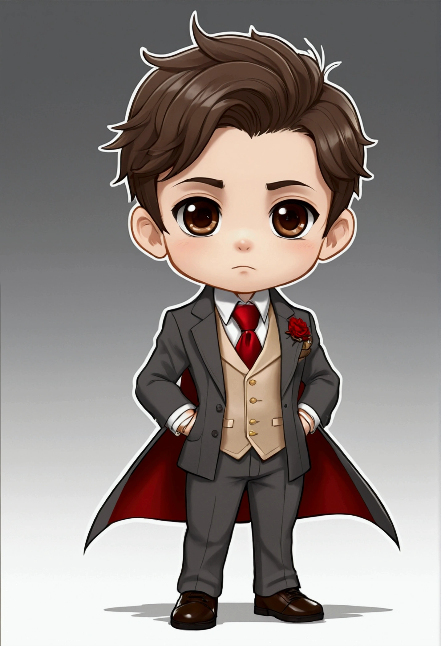 chibi drawing, Boy, has brown hair cut in an undercut style. He wears a three-piece suit with a white shirt accompanied by a red tie, a dark gray vest and a long beige overcoat. He also wears black pants and white shoes. He uses a gold pocket watch as an accessory.