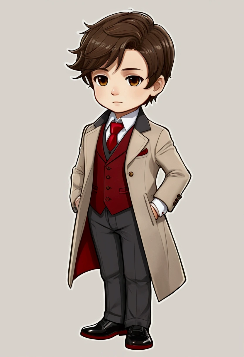 chibi drawing, Boy, has brown hair cut in an undercut style. He wears a three-piece suit with a white shirt accompanied by a red tie, a dark gray vest and a long beige overcoat. He also wears black pants and white shoes. He uses a gold pocket watch as an accessory.