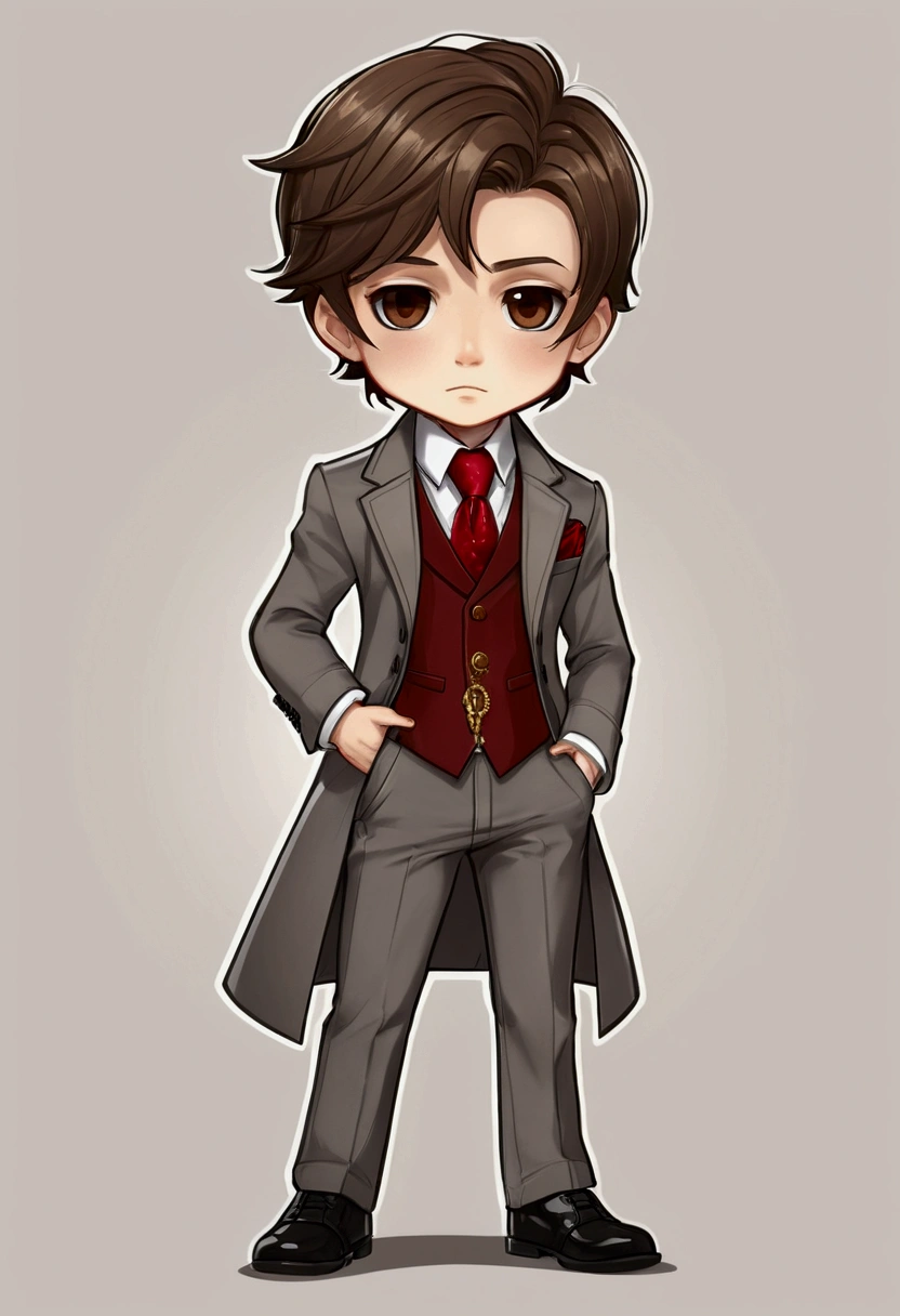 chibi drawing, Boy, has brown hair cut in an undercut style. He wears a three-piece suit with a white shirt accompanied by a red tie, a dark gray vest and a long beige overcoat. He also wears black pants and white shoes. He uses a gold pocket watch as an accessory. 
