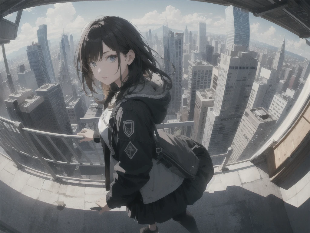 absurdres, highres, ultra detailed, (1girl:1.3), BREAK , Design an image with a fisheye lens effect, capturing a wide field of view with a distinctive, curved perspective. BREAK , Create a rooftop view in an urban setting, with panoramic cityscapes, dramatic skylines, and a sense of elevation.