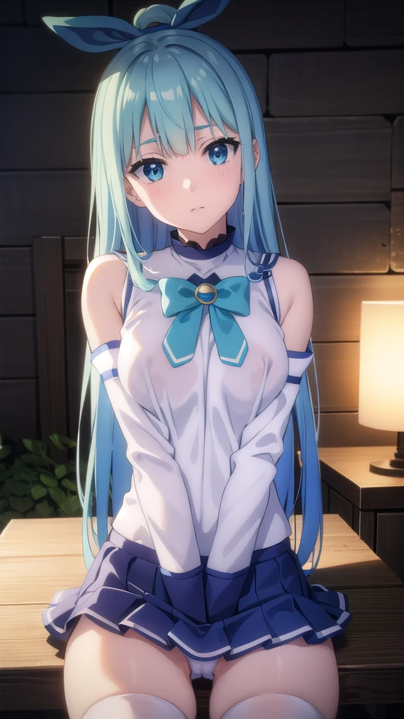 BREAK looking at viewer, BREAK (masterpiece:1.2), best quality, high resolution, unity 8k wallpaper, (illustration:0.8), (beautiful detailed eyes:1.6), extremely detailed face, perfect lighting, extremely detailed CG, (perfect hands, perfect anatomy),onsen,hot springs, night,aqua, long hair, blue eyes, hair ornament, very long hair, blue hair, hair rings, single hair ring, hair bobbles,
skirt, shirt,wet shirt, thighhighs, bare shoulders, detached sleeves, white thighhighs, blue skirt, blue shirt, green bow,nipples,cleavege,neckline,sitting,spread legs,showing panties,wet panties,white panties,lace panties,camel toe.