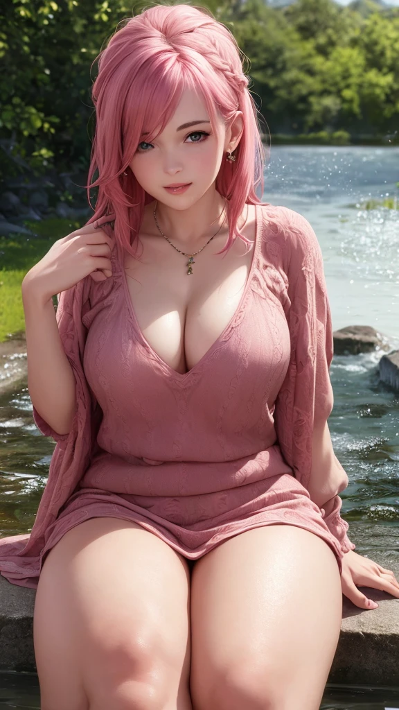 masterpiece,best quality,photo realistic,asda,face,1girl,head,thick lips, pink hair,sitting ,wet,shiny skin, mix4,
