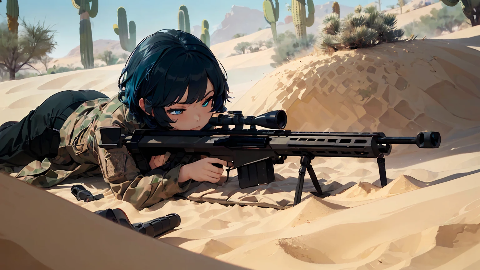 masterpiece, best quality, lineart, anime screencap, (1girl, solo:1.3), (prone, lying down:1.3), (blue hair, short hair, bangs:1.2), (blue eyes, bright pupils, detailed eyes:1.3), (focused, serious, one eye closed:1.2), (military uniform, military jacket, desert coat, military pants, camo uniform:1.3), (holding a sniper rifle, 50Caliber, sniper:1.4), (scenery, outdoors, desert, sand mounds, intricate desert background:1.4), (lens flare, warm lighting, bokeh:1.1),