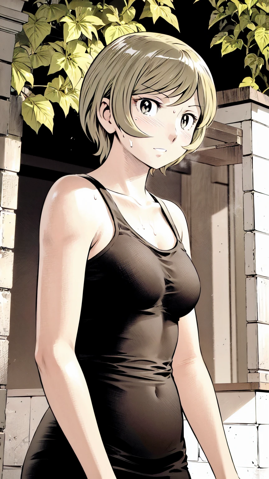 、(masterpiece、Highest quality)、Highest quality, Ultra-high resolution, (((masterpiece))), alone, Sweat、Big eyes, Sleeveless、Outdoor、Floral Dress、Composition from the front、(後ろCut your hair short、short hair、blonde、woman)、Shortcuts、Embarrassed face、Cut your hair short、可愛いwomanの子、Big Breasts、Browsing Caution