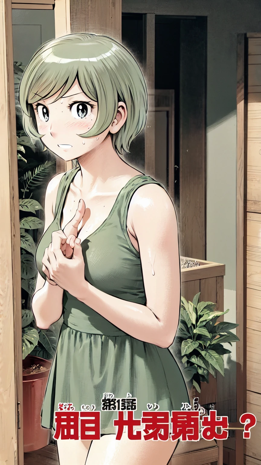 、(masterpiece、Highest quality)、Highest quality, Ultra-high resolution, (((masterpiece))), alone, Sweat、Big eyes, Sleeveless、Outdoor、Floral Dress、Composition from the front、(後ろCut your hair short、short hair、blonde、woman)、Shortcuts、Embarrassed face、Cut your hair short、可愛いwomanの子、Big Breasts、Browsing Caution