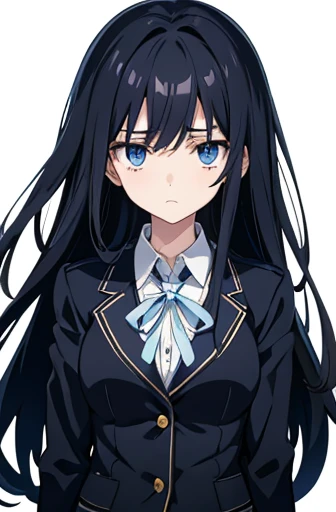 Photo from thigh to head、Front facing、Standing at the camera、One high school girl、sad look、Anxious expression、Timid look、Praying with hands folded、Long black hair、Straight Hair、Blue Eyes、uniform、blazer、Pleated skirt、Slender figure、White background
