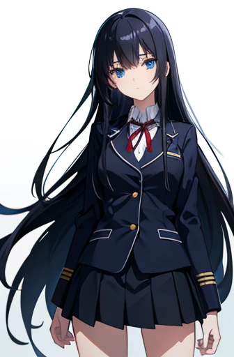 Photo from thigh to head、Front facing、Standing at the camera、One high school girl、sad look、Anxious expression、Timid look、Praying with hands folded、Long black hair、Straight Hair、Blue Eyes、uniform、blazer、Pleated skirt、Slender figure、White background
