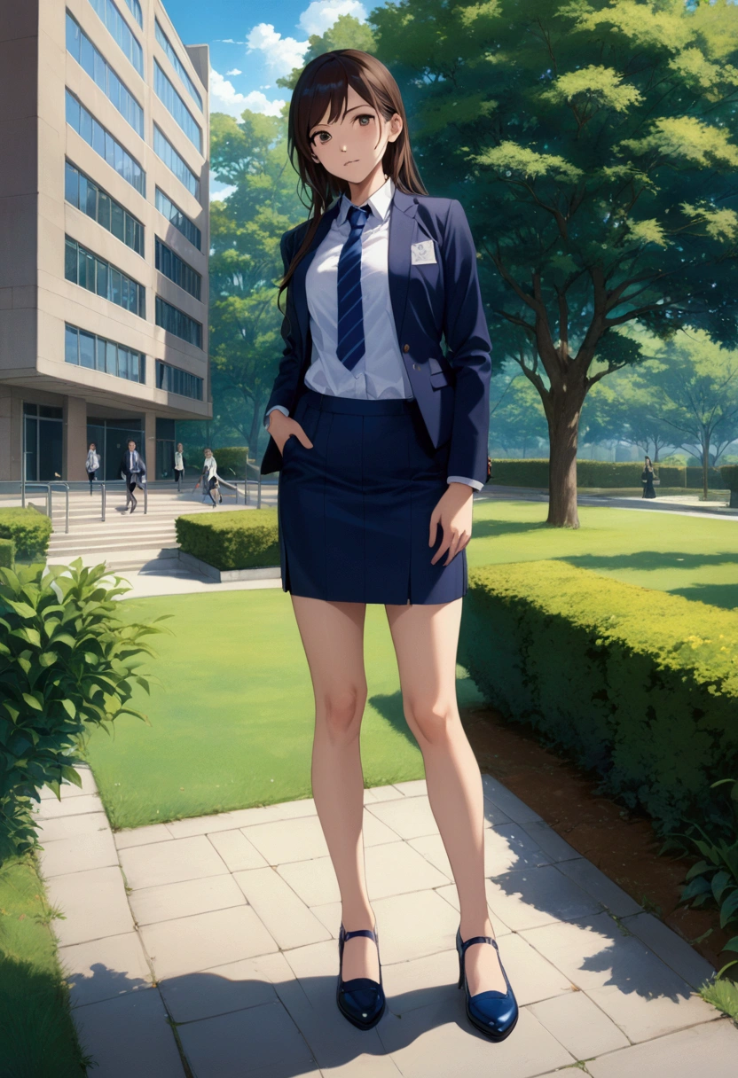 realistic anime illustration of a Chizuru Ichinose standing and looking at viewer at campus, she wearing navy-blue blazer, white shirt with navy-blue tie, navy-blue pencil skirt, black heel cutshoes, (1girl, solo, full body), (masterpiece, best quality), vivid colors