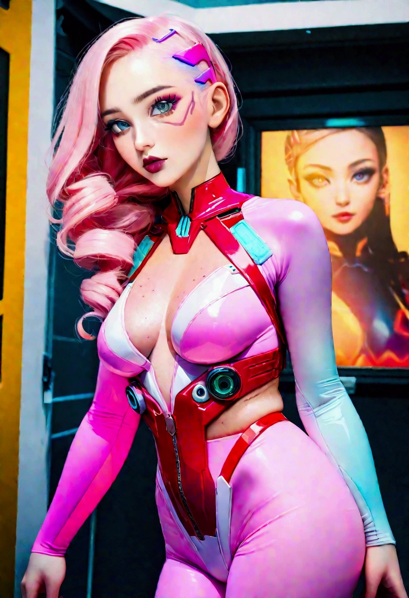 close-up portrait of a beautiful young woman, (cyberpunk clothes) (ErinNobodySD15), Large breasts, pressed lips (seriously: 1.2) appearance (bright side light rim light: 1.2) deep dark shadows dramatic camera angle high-contrast color gradation (masterpiece: 1.2) (photorealistic: 1.2) (bokeh:1.2) (best quality) (detailed skin:1.3) (complex details) (8k) (HDR) (cinematic lighting) (sharp focus), large multicolored hair loose and wavy, neon lights in the background, pink latex clothing,