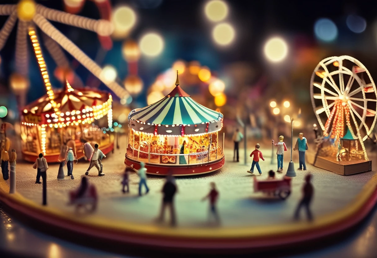 A miniature model of a carnival at night, with a Ferris wheel, a carousel, and other rides, all lit up with twinkling lights. The model is incredibly detailed, with tiny figures of people walking around and enjoying the rides. The background is blurred, creating a sense of depth and perspective. The image is captured with a shallow depth of field, focusing on the carnival lights and creating a magical, almost dreamlike atmosphere.