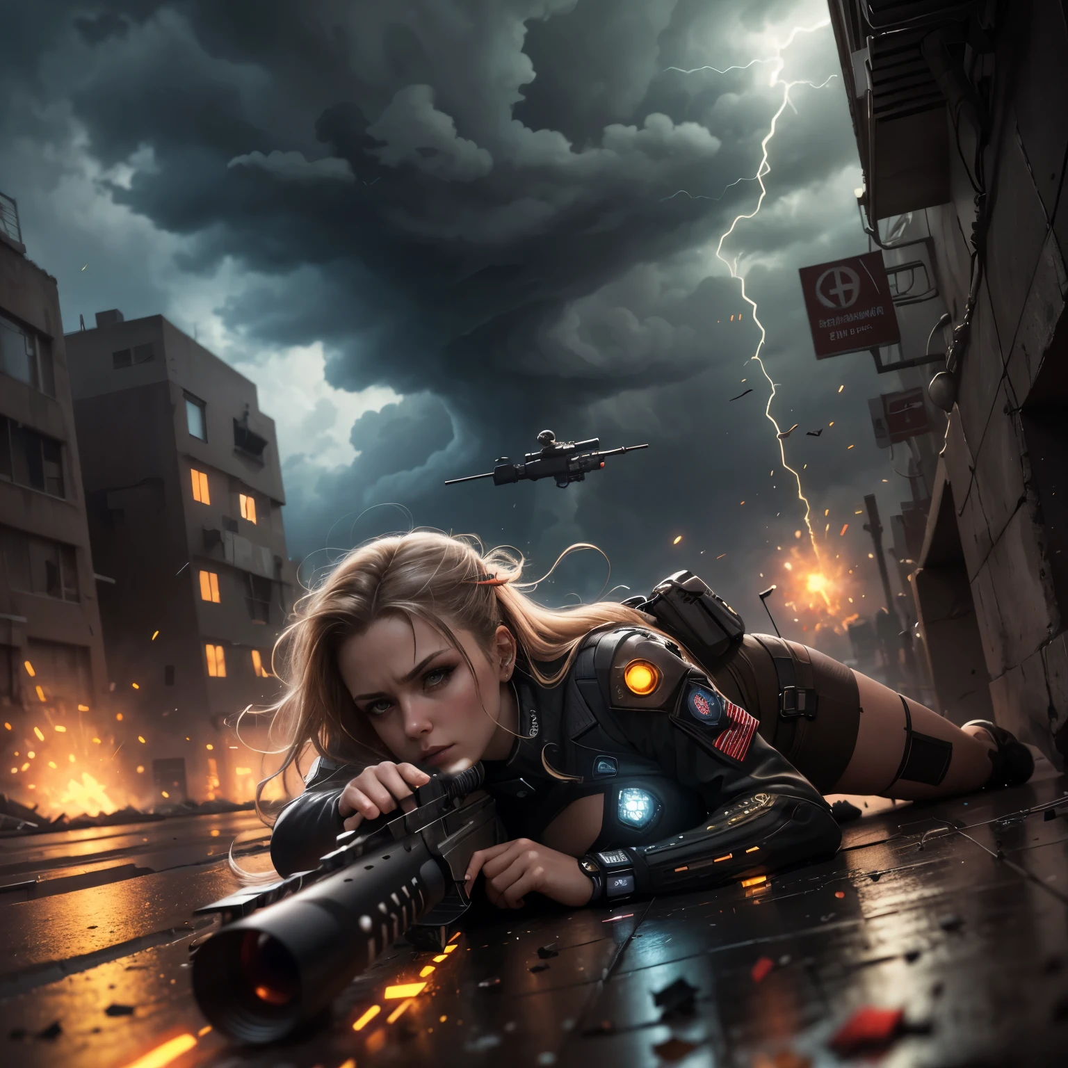 masterpiece, best quality, high resolution, realistic, detailed, cyberpunk, female sniper, hair blowing in the wind, lying on the floor aiming with a sniper rifle, Futuristic combat uniforms, stormy weather, tons of flying debris around her, spark