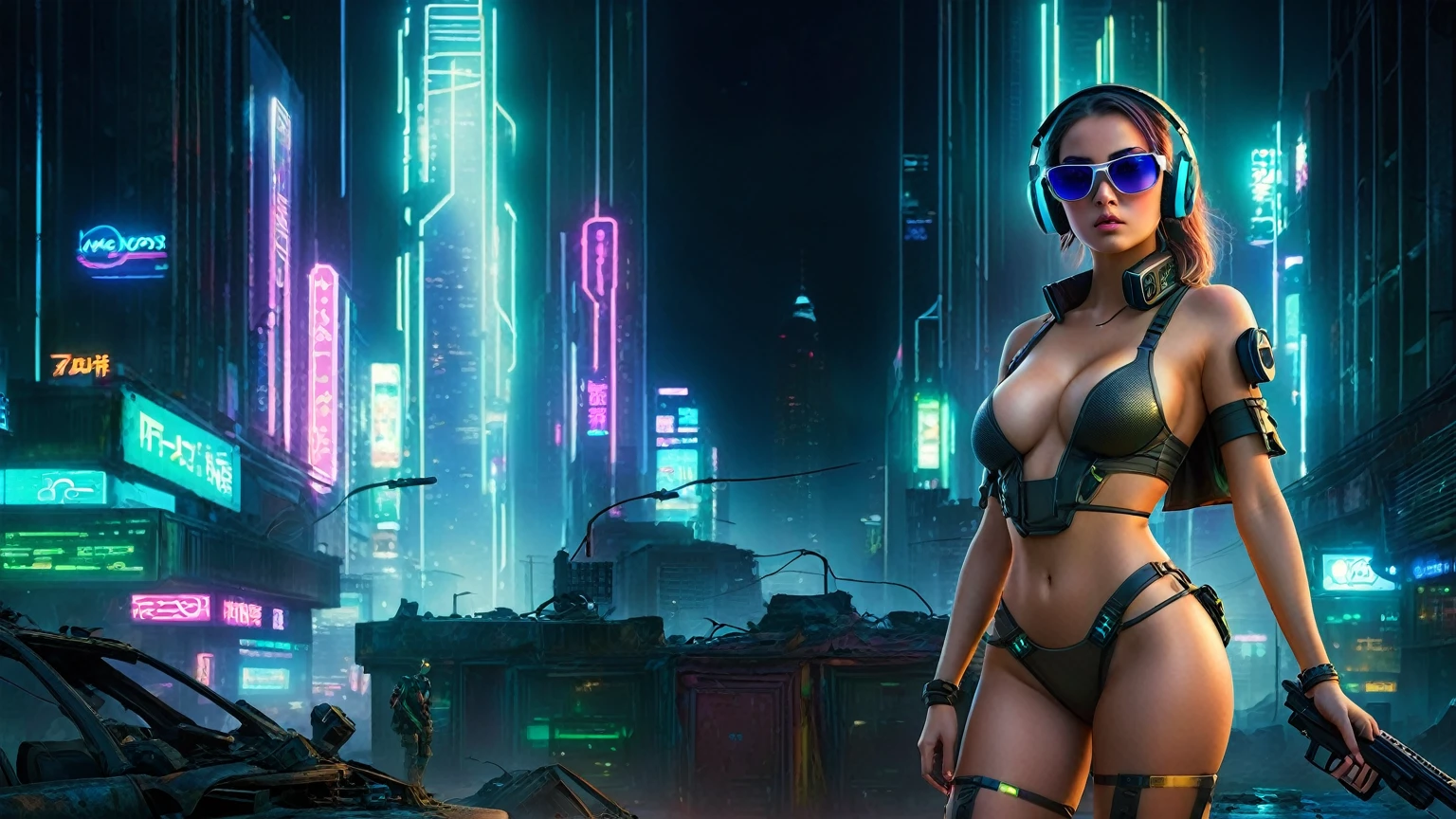 dark futuristic landscape, at night, neon lights, Atmospheric fog, large buildings in the background, futuristic city, streets with open shops, skyscraper (postapocalyptic city:1.3). (((1girl, solo, alone))), large-breast:1.2 slim body, cleavage:1.1, sexy miniskirt, (((headphone, black sunglasses, standing and holding pistol pose))), (((half-body thigh level medium shot))), cinematic lighting, lens flare, ray tracing.