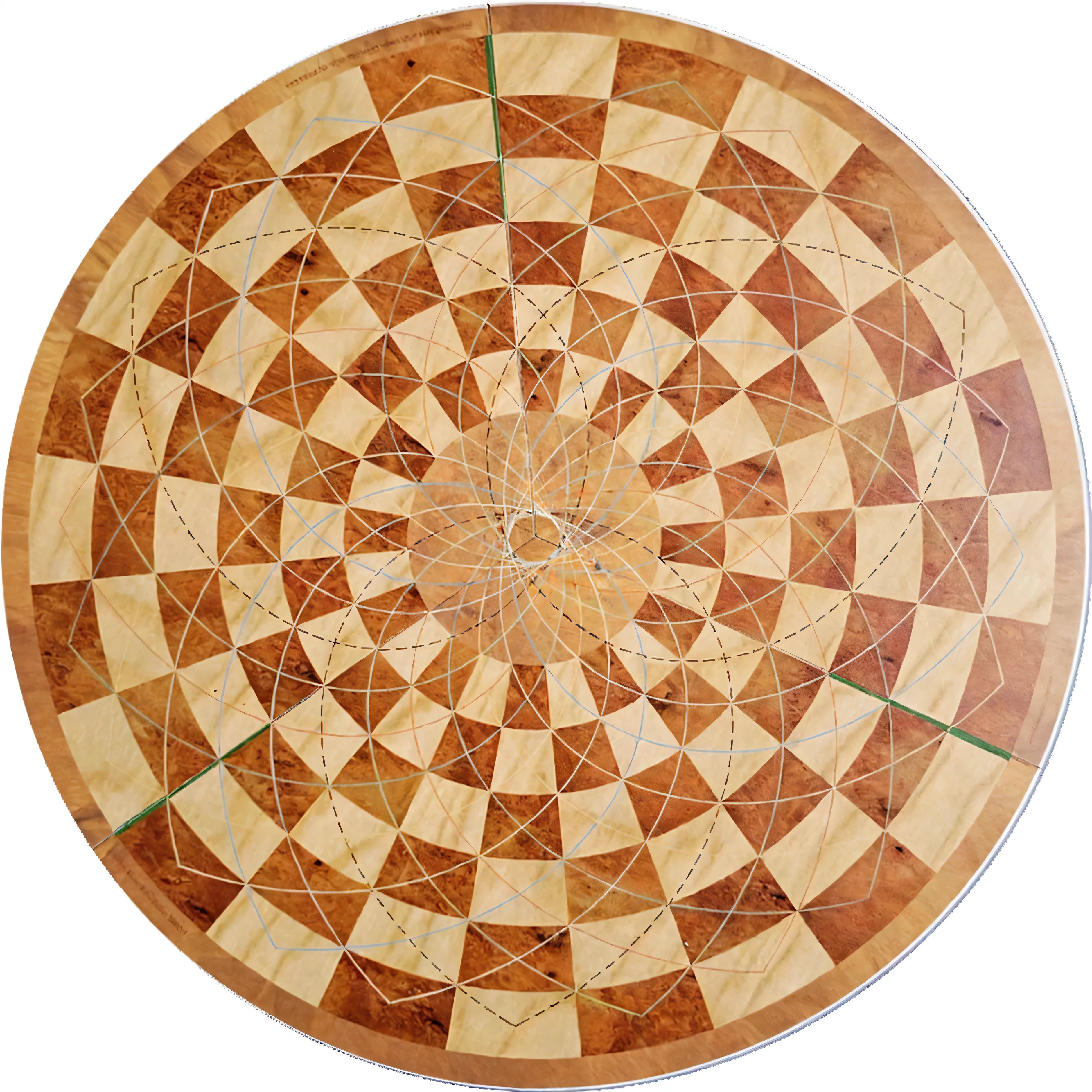 a close-up of a circular table with wooden design, the table is centered, central circular composition, radial centered design, overlaid sacred geometry, geometrical masterpiece, geometry and astrology, tabletop game board, game board, geometry, Round design, arranged in the golden ratio, proportions on a circle, inspired Direction: Buckminster Fuller, infinite non-agon, Direction: Buckminster Fuller