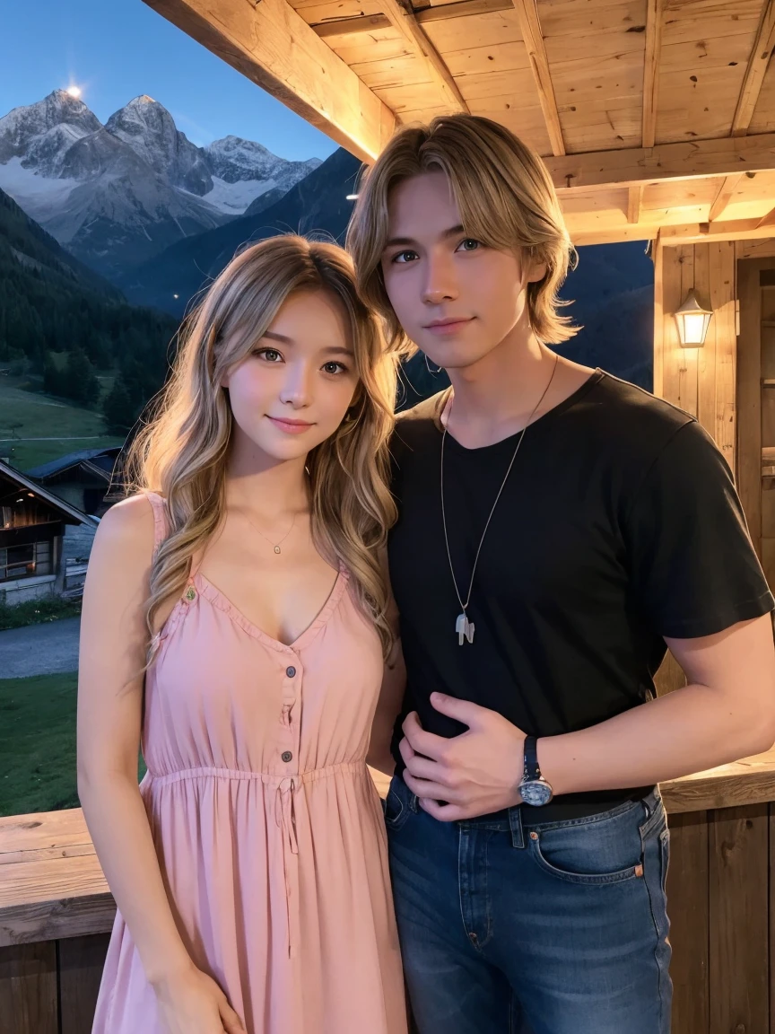 Couple, 1 girl、1 boy, Different hair colors, Long blonde wavy hair、No bangs、Grey Eyes, Pink Sundress, With short black hair (Green Eyes). Black shirt and jeans, Different heights, Detailed eyes, Looking at the audience. They embrace. Mountain hut background at night