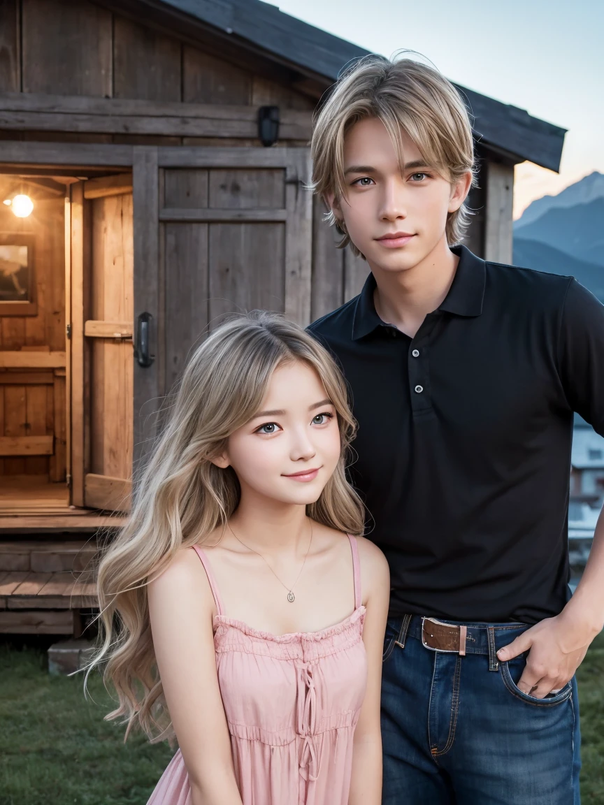 Couple, 1 girl、1 boy, Different hair colors, Long blonde wavy hair、No bangs、Grey Eyes, Pink Sundress, With short black hair (Green Eyes). Black shirt and jeans, Different heights, Detailed eyes, Looking at the audience. They embrace. Mountain hut background at night