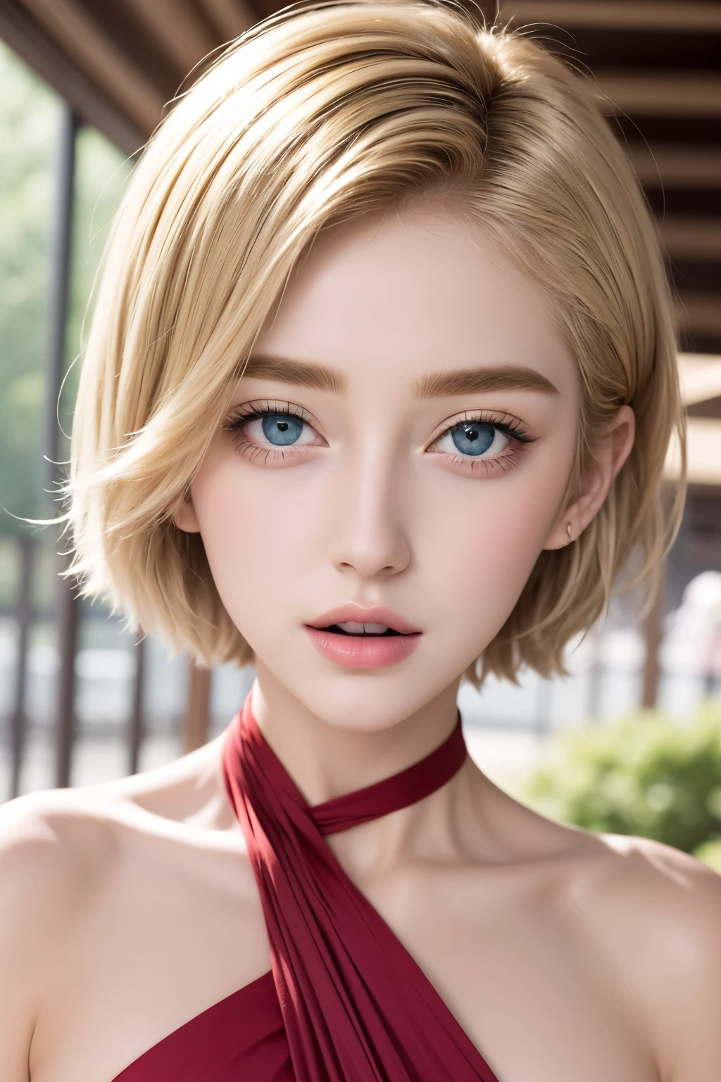 Short blonde hair, a beautiful woman with a Korean-Japanese fusion, thin golden eyebrows, beautiful black eyes, a confident expression, a bright red dress, an amusement park