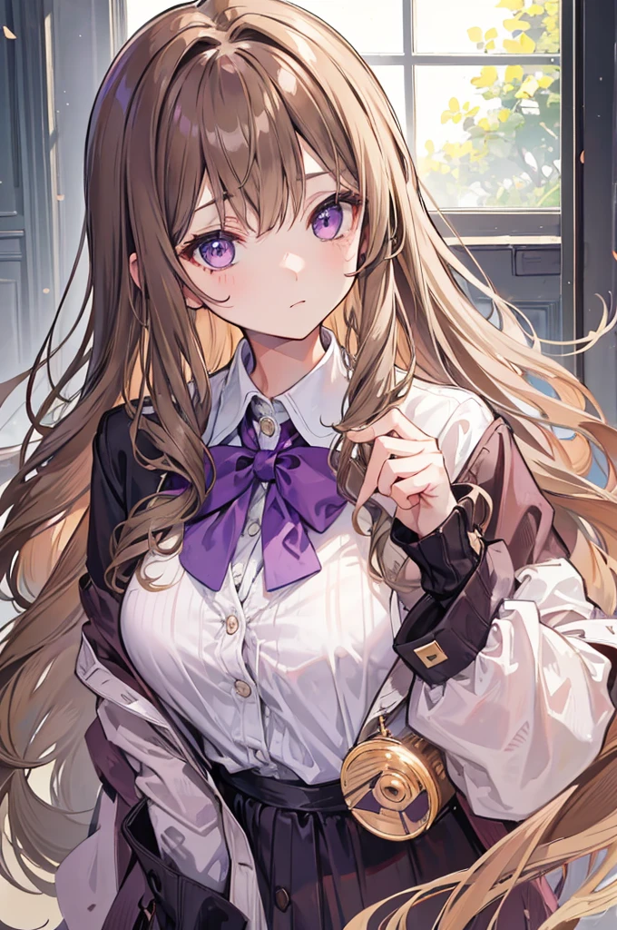 light brown hair, long wavy hair, portrait, girl, timid, gentleness, dark purple eyes, blouse, Cardigan, Earset, D cup