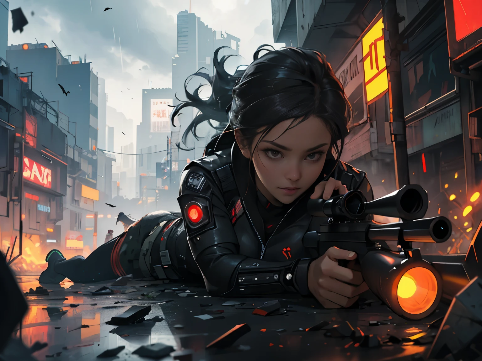 masterpiece, best quality, high resolution, realistic, detailed, cyberpunk, female sniper, hair blowing in the wind, lying on the floor aiming with a sniper rifle, Futuristic combat uniforms, stormy weather, tons of flying debris around her, spark