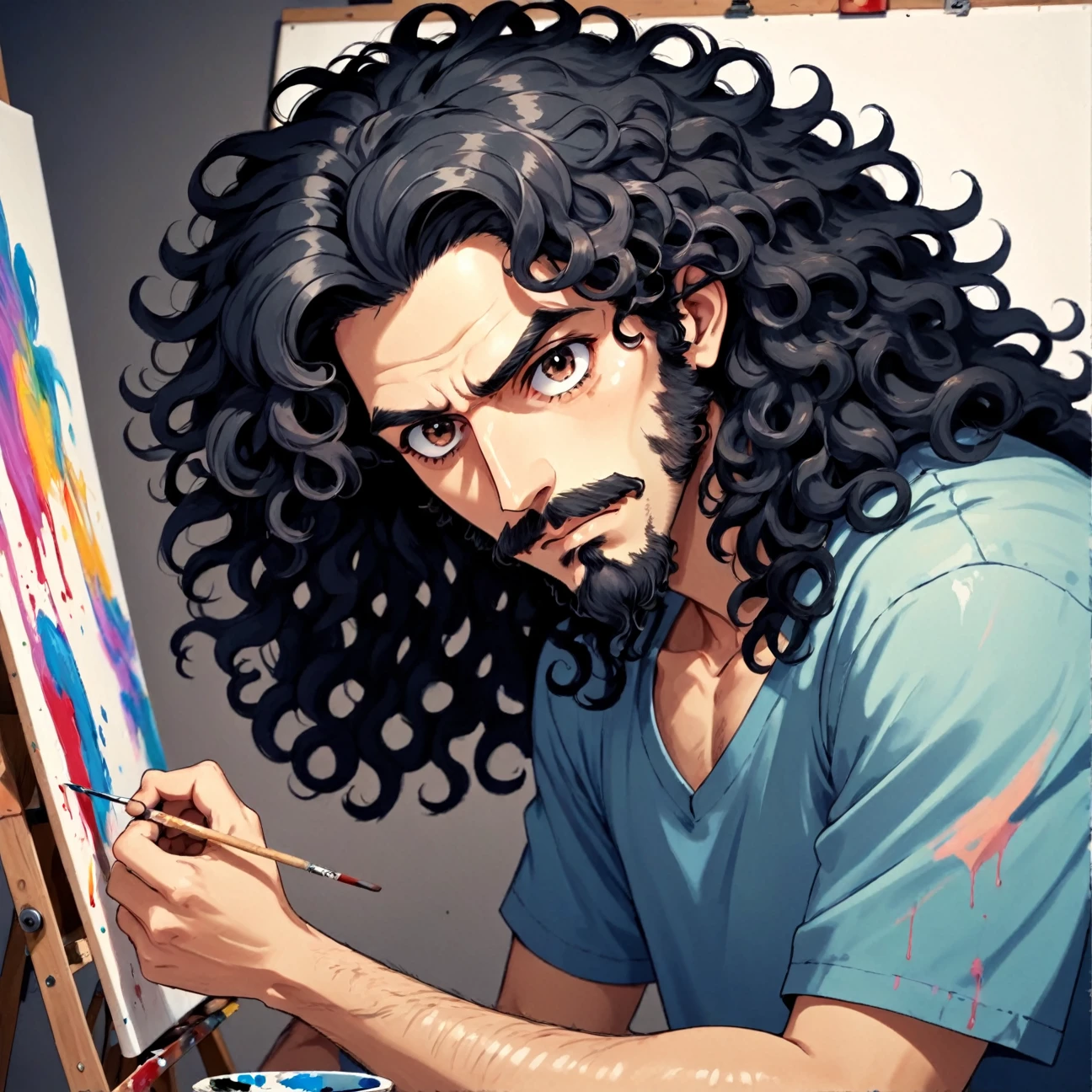 a man with long black very curly hair, He has black eyes, he has a small zappa beard, he is painting a canvas with paint, studio anime, no estilo de Duskfallcrew e Earthnicity