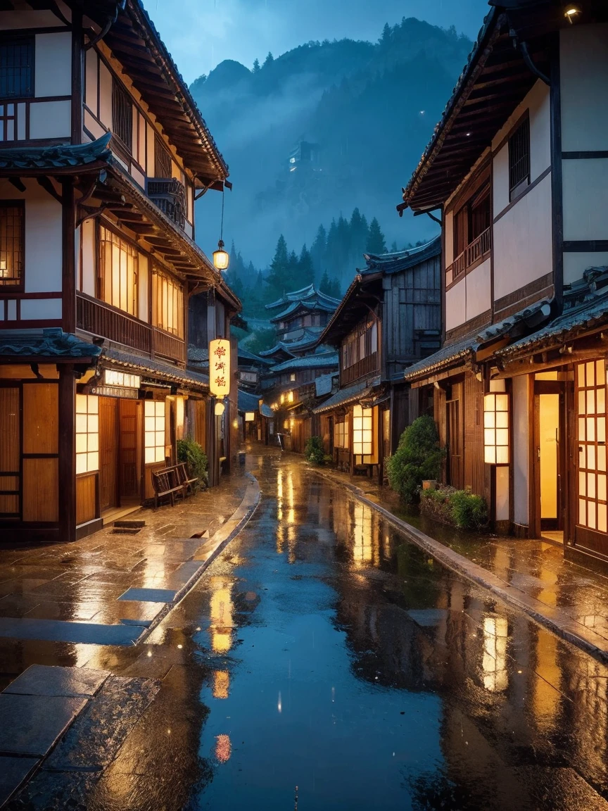 arafed view of a village with a lot of lights on the buildings, dreamy chinese town, chinese village, amazing wallpaper, japanese town, japanese village, hyper realistic photo of a town, old asian village, japanese city, by Raymond Han, rainy evening, cyberpunk chinese ancient castle, beautifully lit buildings, at evening during rain, beautiful and aesthetic, photography, cinematic, 8k, high detailed ((Heavy rain)))