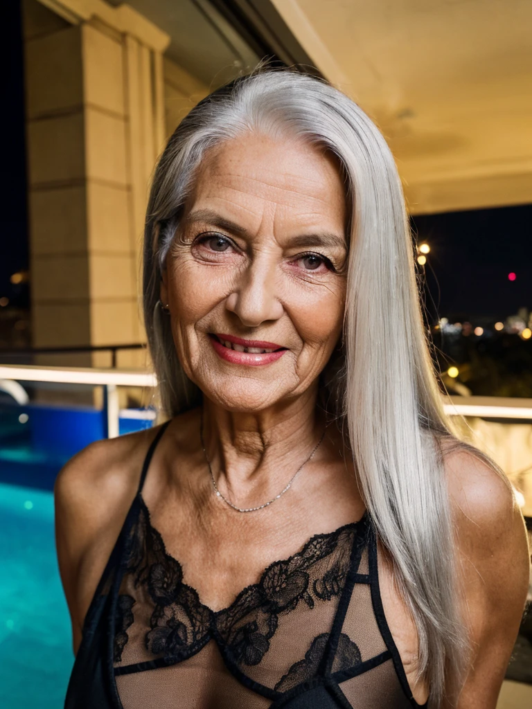 night, soft lights, old women Sixty years old, red lips, long-long white straight hair, hair on her eye, she smiling, posing on huge night balcony, staying and posing for photo, she weared black half transparent bodysuit, older beauty, jaw dropping mature older beauty, old face and body with wrinkles, old face, attractive grandma, a gorgeous old silver hair, beautiful old grandma, lovely older mature grandma, gorgeous beautiful grandma over 80 years old, beautiful silver hair grandma, beautiful detailed body and face, a beautiful old grany, black lace bodysuit on her