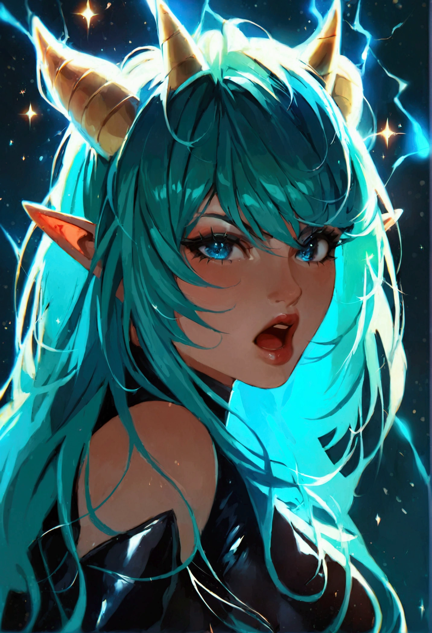 lum, 1girl, long hair, tiny horns, shortly pointy ears, (two-tone hair, green hair, aqua hair), bangs, dark-blue eyes, eyeshadow, Solo, thick lineart, Diamond aura, symmetrical, slender, blue fingers with sparks and electricity, long latex gloves, thigh boots, leather thigh boots, long legs, dominatrix pose, dark cosmic background, detmore, (masterpiece:1.4), (highest quality:1.2), (ultra detailed:1.3), High resolution, extremely detailed, unity 8k wallpaper, intricate details, absurdity, Sparkling, score_7_up, score_8_up, score_9_up, anime coloring, source_anime, JK, a ferocious angry girl, yelling, beautiful detailed eyes, beautiful detailed lips