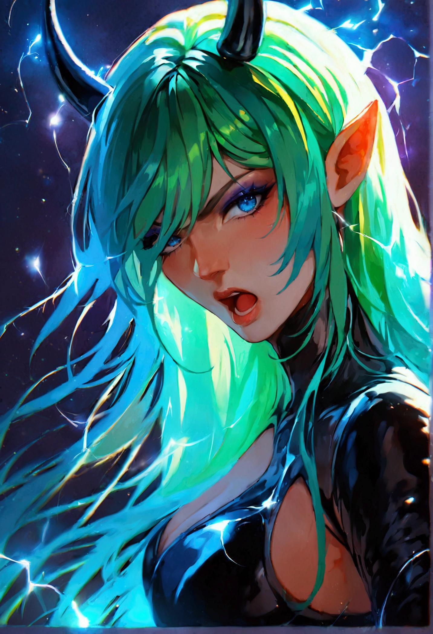 lum, 1girl, long hair, tiny horns, shortly pointy ears, (two-tone hair, green hair, aqua hair), bangs, dark-blue eyes, eyeshadow, Solo, thick lineart, Diamond aura, symmetrical, slender, blue fingers with sparks and electricity, long latex gloves, thigh boots, leather thigh boots, long legs, dominatrix pose, dark cosmic background, detmore, (masterpiece:1.4), (highest quality:1.2), (ultra detailed:1.3), High resolution, extremely detailed, unity 8k wallpaper, intricate details, absurdity, Sparkling, score_7_up, score_8_up, score_9_up, anime coloring, source_anime, JK, a ferocious angry girl, yelling, beautiful detailed eyes, beautiful detailed lips