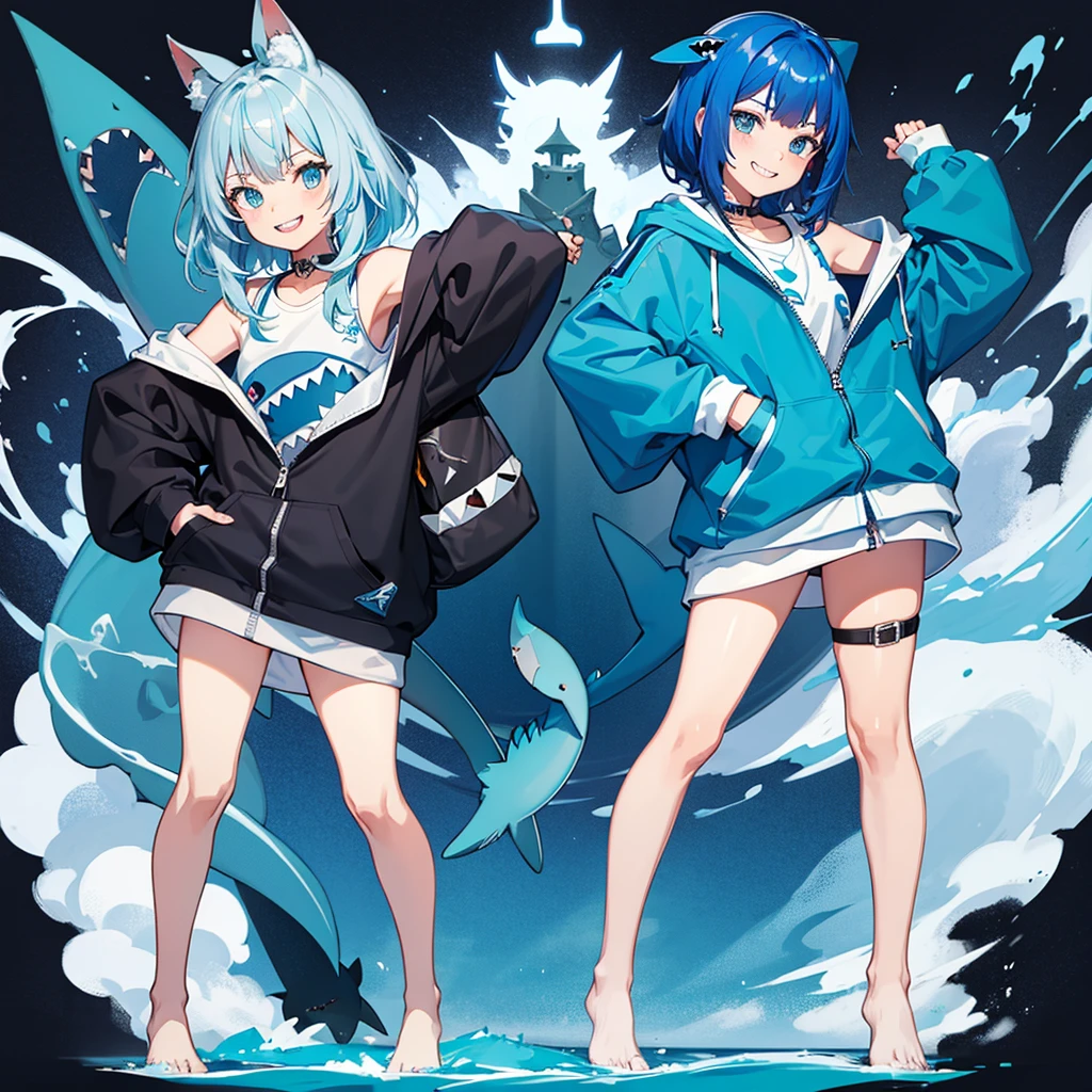 A cute illustration of Gawr Gura, the shark-themed VTuber, wearing her signature blue hoodie with a shark tail and hood. She has white hair with blue tips and big blue eyes. Gawr Gura is holding a trident and is surrounded by small, adorable shark plushies. The background is simple and easy