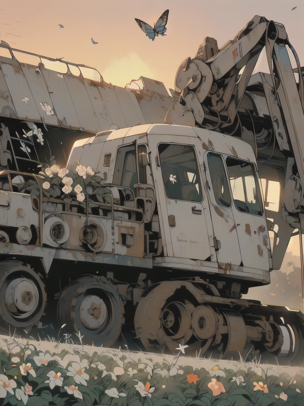 Detailed Machinery、Abandoned Factory、Atrium、(((White Flower Field)))、(((Rusty heavy equipment)))、Gorgeous light leaks、(((Sunset)))、fog、Detailed Background、Highest quality、(((No humans)))、Broken heavy machinery、Complex heavy machinery、Faint lighting、(((Fluttering white petals)))、sunset、(((Dull colors)))、(((Rusty detailed heavy machinery)))、(((Many white flowers fly)))、(((Heavy machinery covered in flowers)))、(((Lots of butterflies)))