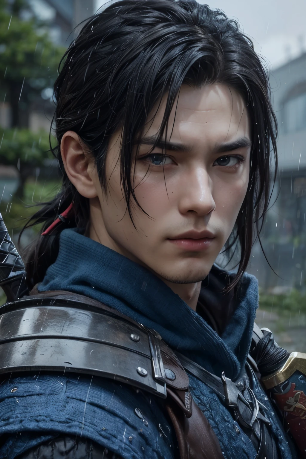 Close-up of a man holding a sword in the rain, Handsome men from Demon Slayer, Authentic shiro, Authentic, Detailed digital anime art, Gweiz-style artwork, Zhao Yun, akihiko yoshida. Unreal Engine, Game CG, Avatar Image, Masayoshi Sudo and Artgelm, takumi fujiwara