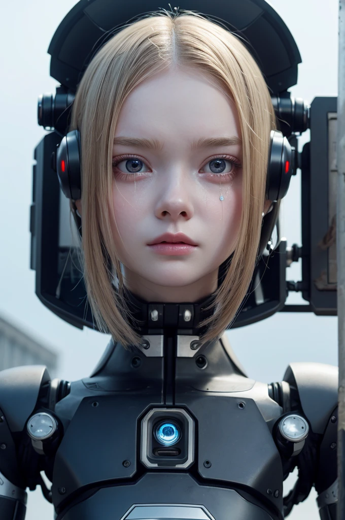Close-up of a person wearing a robot head, A mix of anime robots and organic matter, Robot wearing a human mask, Elle Fanning as an Android, Integrated synthetic android, Detailed face of android, Robot with a human face, Best AI Images, Cool Cyborg movie stills, beautiful crying! Android Woman, Cyborg - Girl, Perfect android girl、Realistic images、Hollywood Movies、Kind Face、4K、Detailed Details、Detailed images、cute and cute android