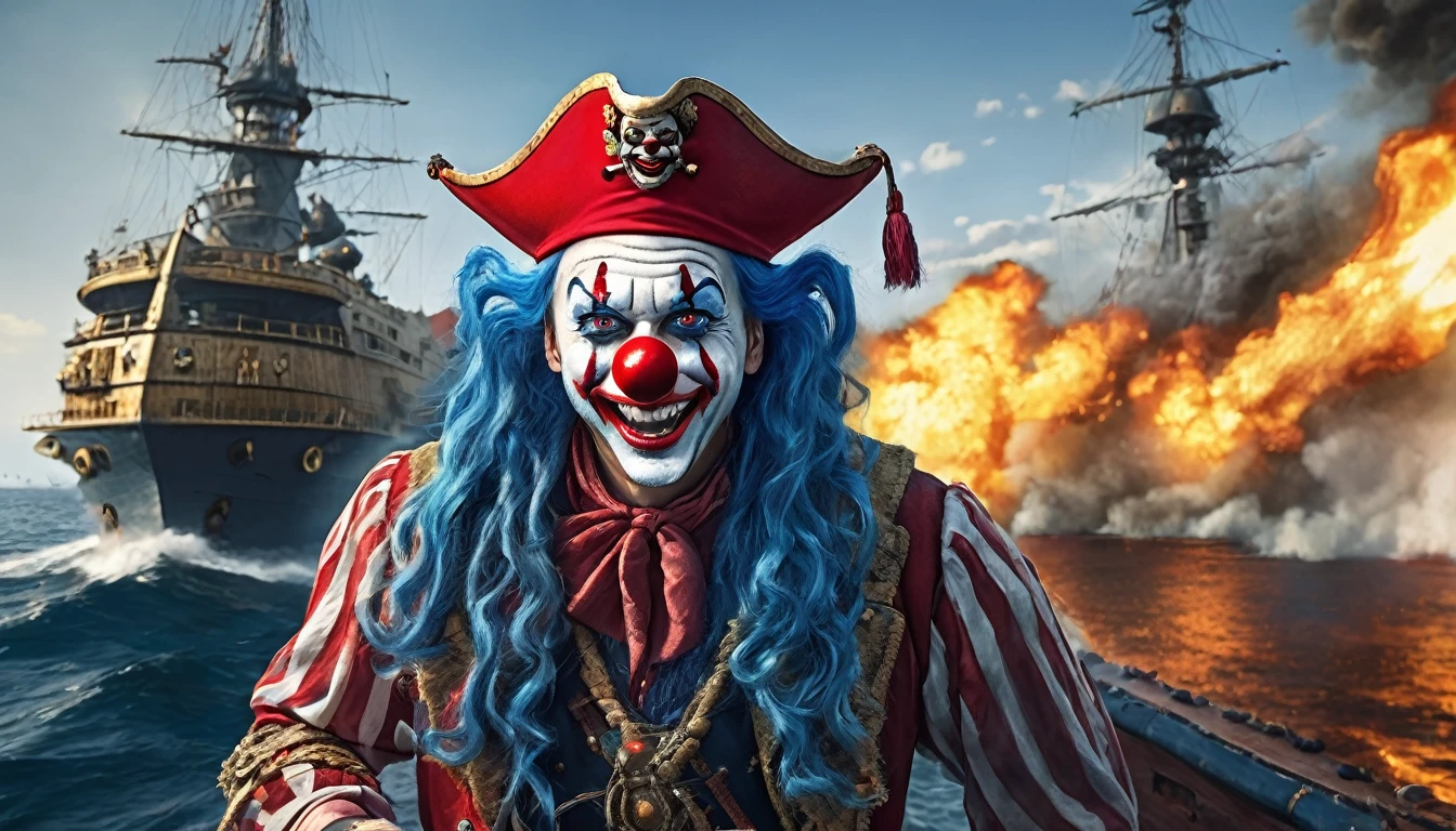 masterpiece, best quality, extremely detailed, hyperrealistic, photorealistic, a cool 40s man, ultra detailed face, clown makeup:1.1, red pirate hat, white skin, red nose:1.1, long blue hair, on detailed battle ship with canon, shooting canon:1.1, fire, sea, dynamic pose, laughing