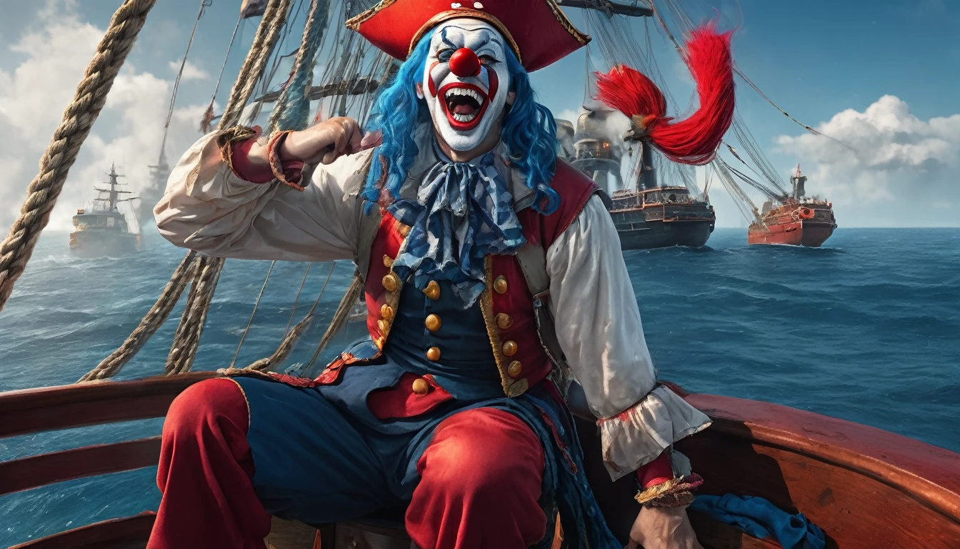 masterpiece, best quality, extremely detailed, hyperrealistic, photorealistic, a cool 40s man, ultra detailed face, clown makeup:1.1, red pirate hat, white skin, red nose:1.1, long blue hair, on detailed battle ship with canon, shooting canon:1.1, fire, sea, dynamic pose, laughing
