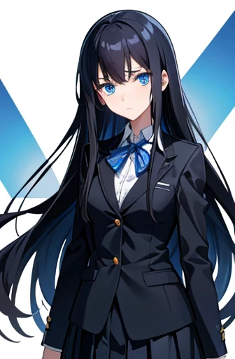 Photo from thigh to head、Front facing、Standing at the camera、One high school girl、sad look、Anxious expression、Timid look、Long black hair、Straight Hair、Blue Eyes、uniform、blazer、Pleated skirt、Slender figure、White background