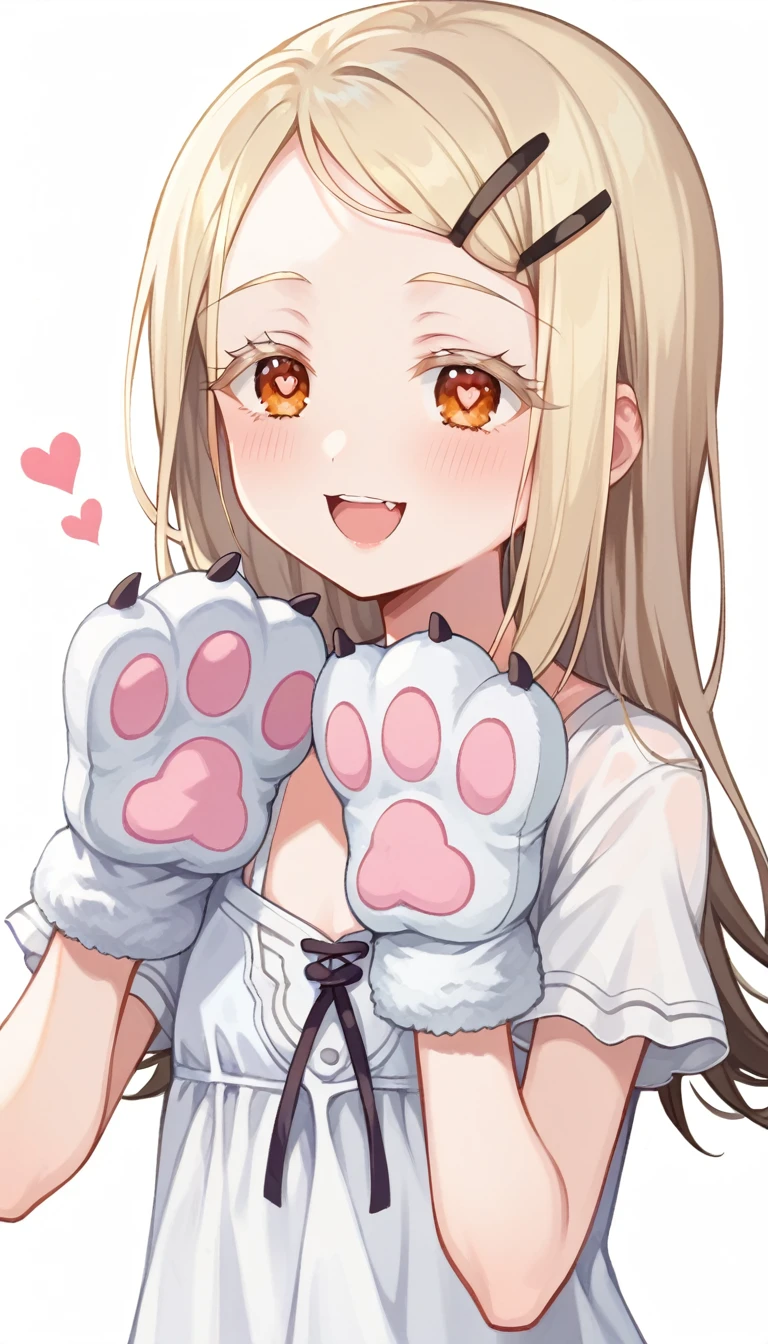 16K,score_9, score_8_superior, score_7_superior, sauce_anime, evaluation_Safety,ssuperiorer detailed , Hiro Default,shinosawa hiro,thin,Orange eyes,White eyelashes,Blonde,Long Hair,Hair Clip, (Heart Eyes),(Hearts in eyes),Voice of the Heart,Excited,Open your mouth,Dutch Angle,Flat Chest ,blush,Beautiful Face,Beautiful Eyes,Details,White Background ,((superiorから)), cat paw gloves