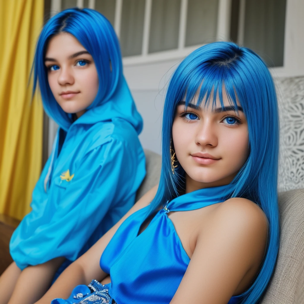A mother and daughter blue hair blue eyes on a magazine cover, vibrant colors, high-resolution, realistic portrayal, fashion-forward, loving bond, trendy attire, captivating smiles, natural beauty, professional lighting, contemporary style, artistic composition