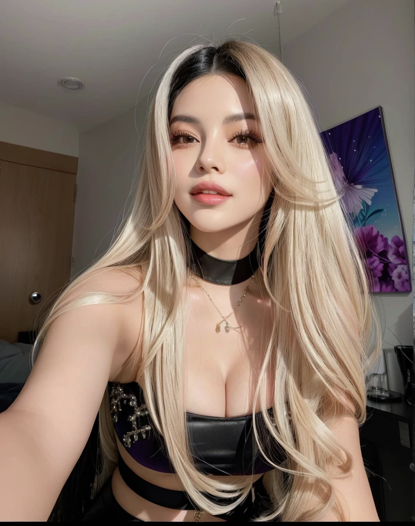 Woman with long black hair taking selfie in bright purple outfit like Selena Quintanilla's, parecida a jennie the Blackpink, beautiful south korean woman, Beautiful young Korean woman, korean girl, with long black hair, with long black hair, Beautiful young Korean woman, a girl with black hair., with long black hair, jennie the Blackpink, the Blackpink, selena morapho costume, purple selena quintanilla type suit with glitter.