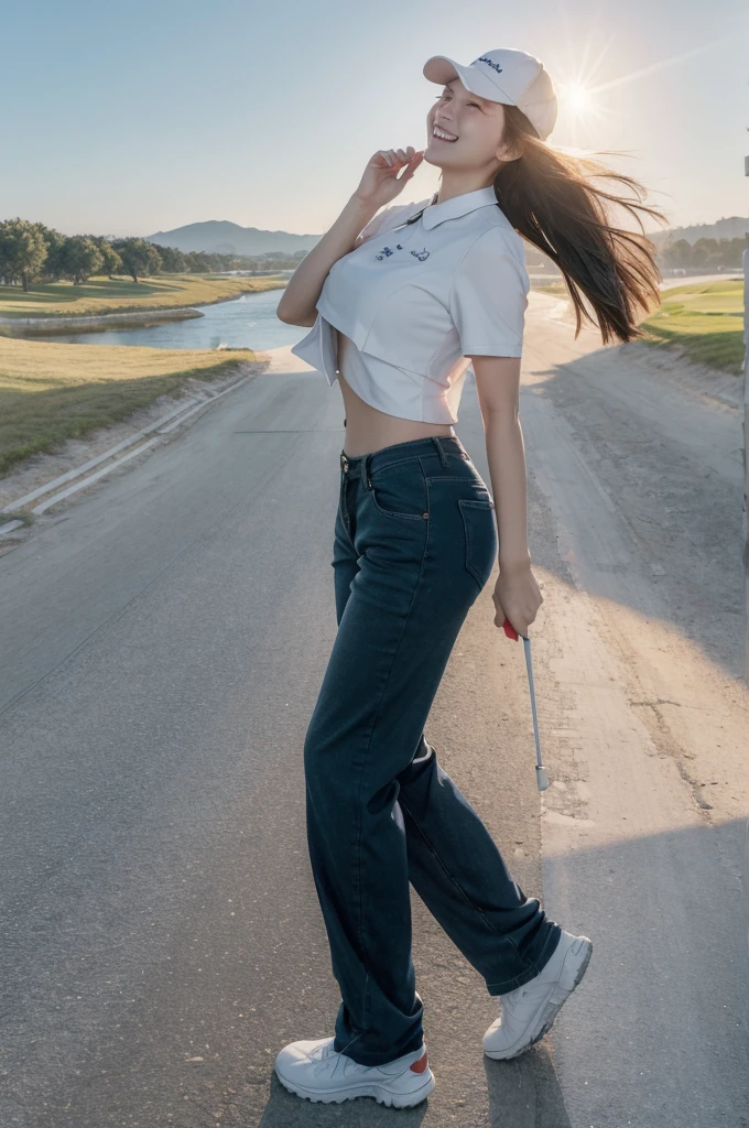 (masterpiece, best quality:1.4),(surreal photo,:1.4), 골프선수full body photo, 1 woman, alone,full body photo,long hair blowing in the wind, laugh, smile (big bust,:1.7), (big ass,1.5), Tight polyester long pants, Tight short sleeve collar tie, polyester t-shirt, sports wear, golf course, realistic, dynamic, back, full body photo, Golf Cap, sun visor