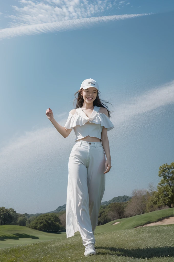 (masterpiece, best quality:1.4),(surreal photo,:1.4), 골프선수full body photo, 1 woman, alone,full body photo,long hair blowing in the wind, laugh, smile (big bust,:1.7), (big ass,1.5), Tight polyester long pants, Tight short sleeve collar tie, polyester t-shirt, sports wear, golf course, realistic, dynamic, back, full body photo, Golf Cap, sun visor