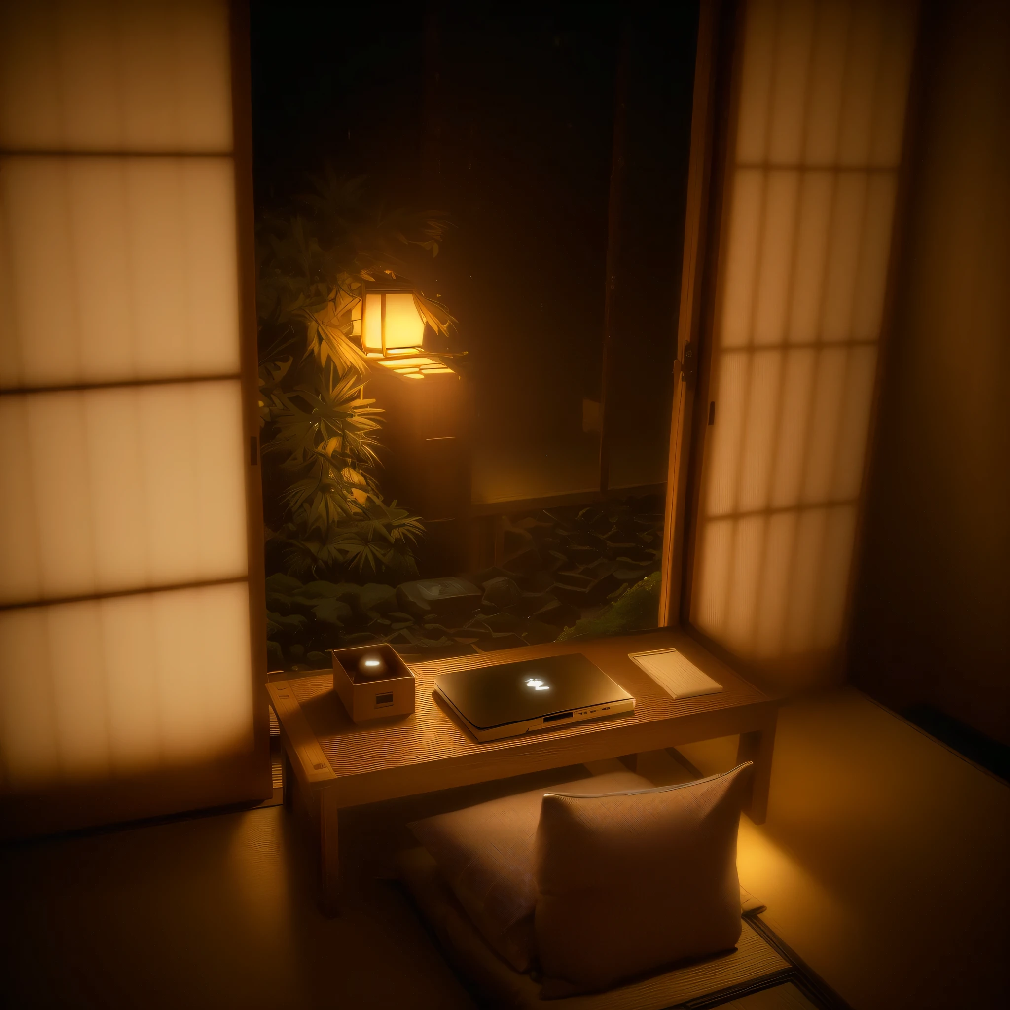 The room has a small table with a laptop and a bunch of books on it., In a Japanese apartment, Japanese style, Outside the window is a summer night garden Ryokan and Edo period house, Japanese House, A small room in Tokyo, japanese influences, Luxury hot spring, A man in a yukata sitting at a desk