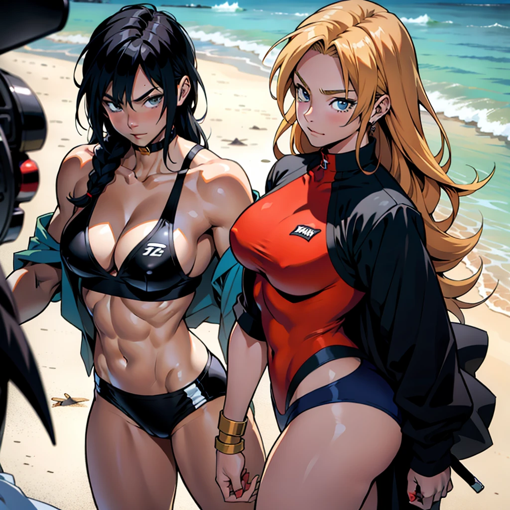 アニメ cel-shading (female (amazones)), muscle, on the beach in ((anime + manga + comics + cartoon) style)