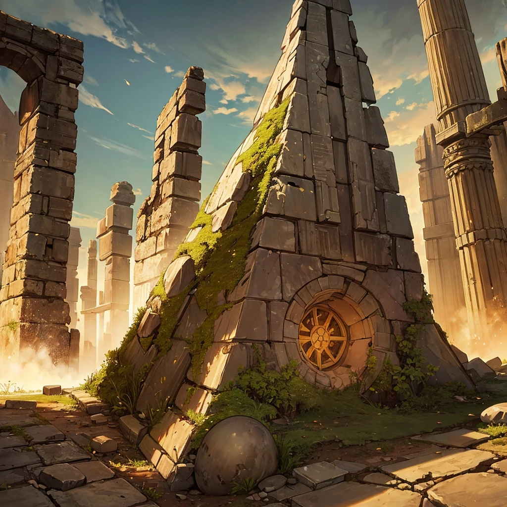 ((((No humans))))、Best illustrations、Best Quality、(Ancient ruins、desert、Grass)、Fall to the floor、(middle ages)、battlefield、explosion、rubble、destruction、(Shining Temple)、From below