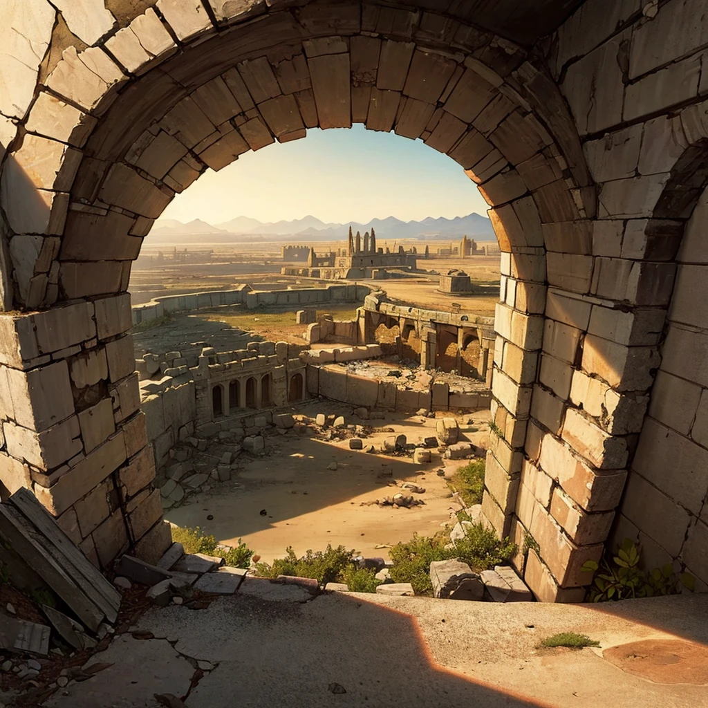 ((((No humans))))、Best illustrations、Best Quality、(Ancient ruins、desert、Grass)、Fall to the floor、(middle ages)、battlefield、explosion、rubble、destruction、(Shining Temple)、From below