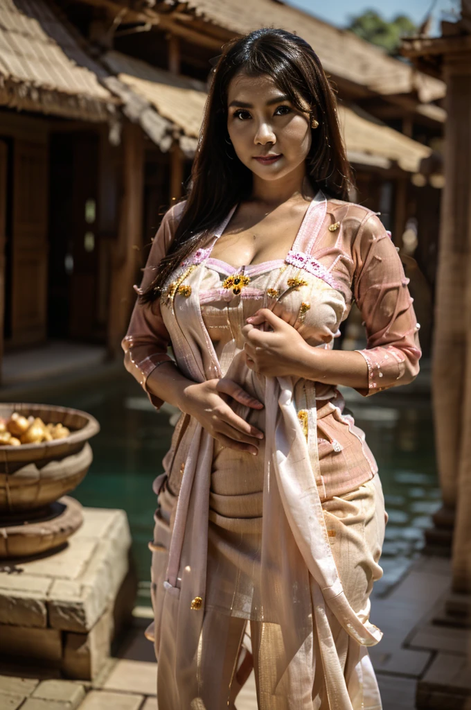 masterpiece, Indonesian woman ,ultra realistic,32k,intricate details, sharp focus, realistic, closed, seductive pose, black eyes, jewelr, lips, realistic, looking_at_viewer, wet skin, shiny skin, SHORT SLEVES, indonesian clothes, bali, balinese, cityscape, transparent dynamic pose,((pink kebaya)),(((transparent kebaya))),full body,busty body,curvy body,long hair,beauty face,cowboy shot,